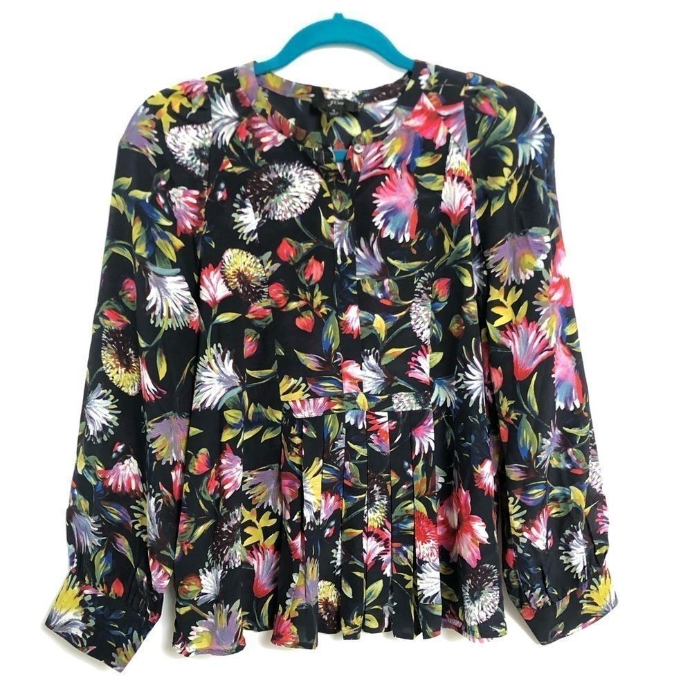 J. Crew Black Floral Silk Blouse Popover Small - Picture 1 of 8